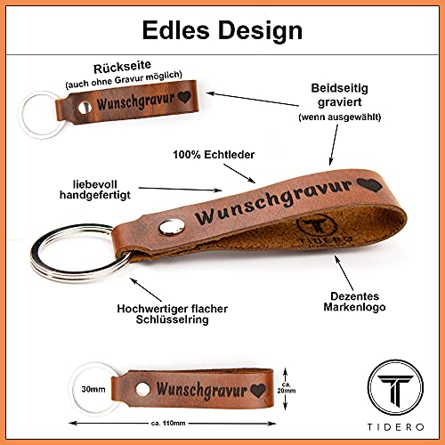 Tidero Schlüsselanhänger Leder mit Wunschgravur personalisiert – personalisierter Wunschtext Gravur individuell – Geschenk Weihnachten für Männer Frauen Name Datum – Handmade in Germany – Wild Brown