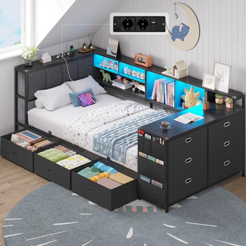 Brinlawb Lit Banquette 90x200 cm Canapé Lit avec 1 Table et 1 Commode à 6 Tiroirs, Lit Enfant avec Éclairage LED et Multiprise(2 Prises AC, 2 Ports USB),...