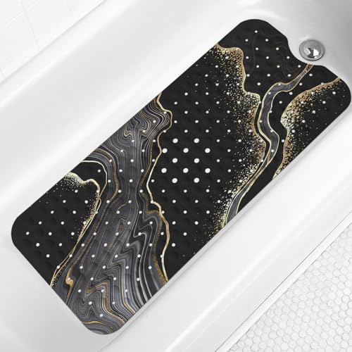 LNOND Marble Bath Tub Mat Non Slip, Extra Long 40 X 16 Inch Anti Slip Mat for Bathtub, Black Gold Marble Shower Mat with Drain Holes and Suction Cups, Machine Washable