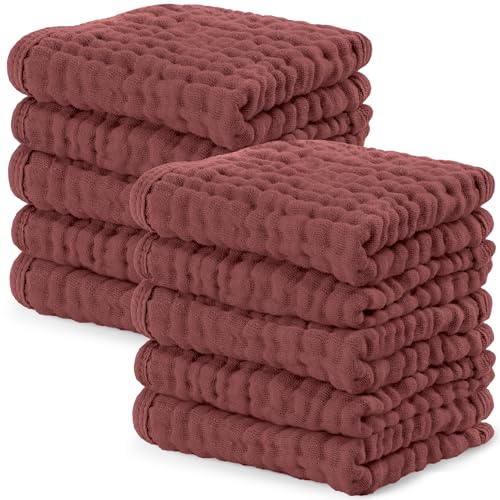 Image of Comfy Cubs Muslin Baby Washcloths 10 Pack - Soft 6-Layer Cotton Wash Cloths for Sensitive Skin - 10"x10" Large, Gentle, Absorbent Infant Essentials for Newborn and Toddlers - Wine