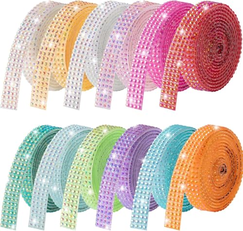 LYXMYGS 12-Yard Bedazzling Strips 12-Roll Rhinestone Strips for DIY Craft Rhinestone Ribbon Self Adhesive Bedazzling Kit for DIY Craft Rhinestones for Crafting Art Decoration
