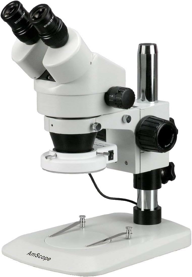 AmScope SM-1BN-64S Professional Binocular Stereo Zoom Microscope, WH10x Eyepieces, 7X-45X Magnification, 0.7X-4.5X Zoom Objective, 64-Bulb LED Ring Light, Pillar Stand, 110V-240V