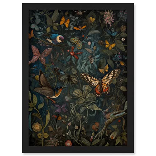 Artery8 William Morris Style Plants Birds and Butterflies Artwork Framed A3 Wall Art Print, Framed Black A3, 45.5L x 33W cm