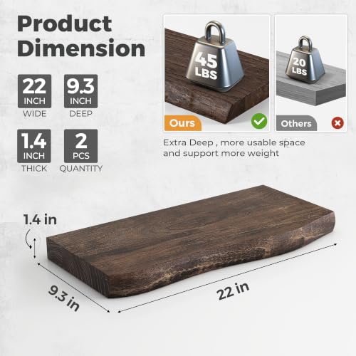 Image of RICHFOCUS Live Edge Elm Floating Shelves - 22 inch W x 9.3 inch D Rustic Solid Wood Wall Shelves with Invisible Bracket, Wall-Mounted for Living Room, Bedroom, Kitchen Storage & Display, Set of 2, Walnut