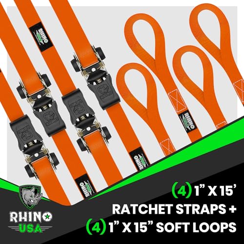 Image of Rhino USA Ratchet Straps Tie Downs (4-Pack) - 1 Inch x 15 Feet (1,823lb Break Strength) - Ultimate Tie Down Straps with Safety S Hooks - for Trucks, Cargo, Moving, Appliances - Orange