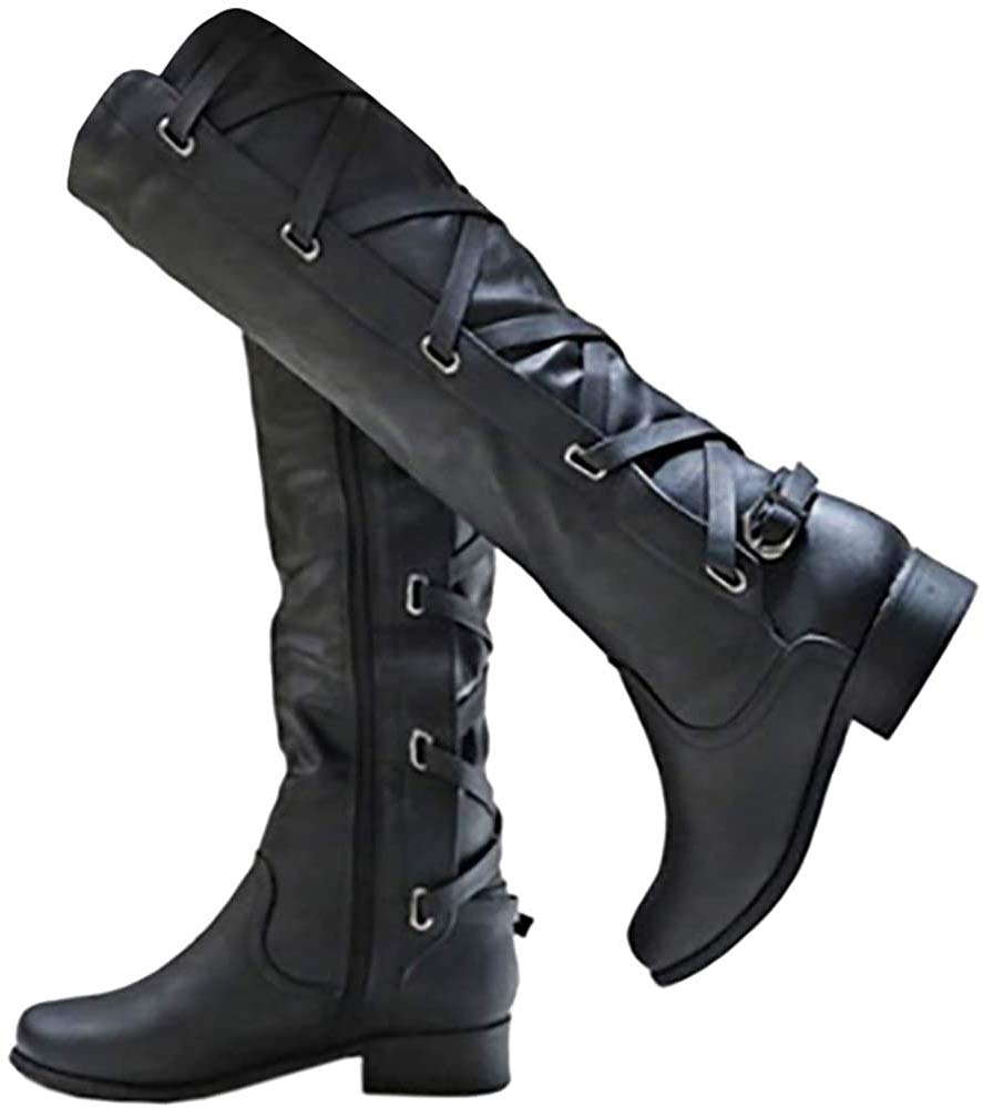 Coutgo Womens Lace Up Knee High Boots Motorcycle Riding Flat Low Heels Strappy Winter Combat Boots