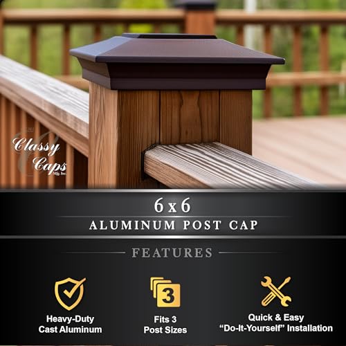 Image of Classy Caps 6x6 Aluminum Post Cap - fits 5 inchx5 inch, 5.5 inchx5.5 inch & 6 inchx6 inch Deck & Fence Posts - Cast Aluminum - Heavy Duty (Brown)