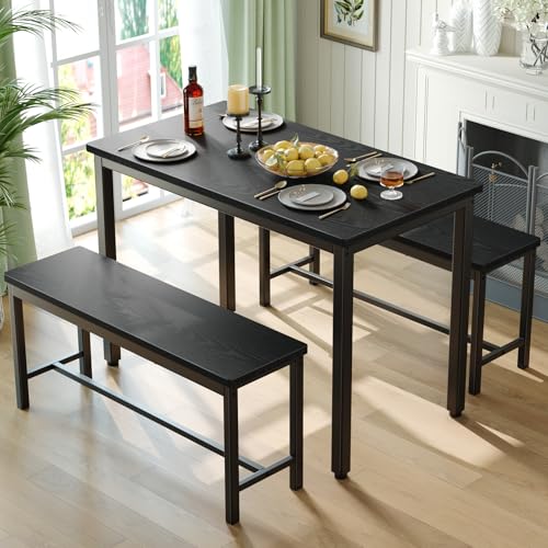 Tatub Dining Table Set for 4, 3-Piece Kitchen Table with 2 Benches, Space-Saving Dining Room Set for...