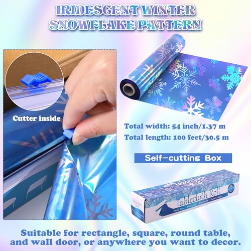 Kochorie 100 Ft x 54 Inch Iridescent Winter Snowflake Tablecloth Roll with Cutter Box Holographic Blue and Purple Snowflake Wonderland Table Cover Backdrop for Frozen Birthday Party Supplies