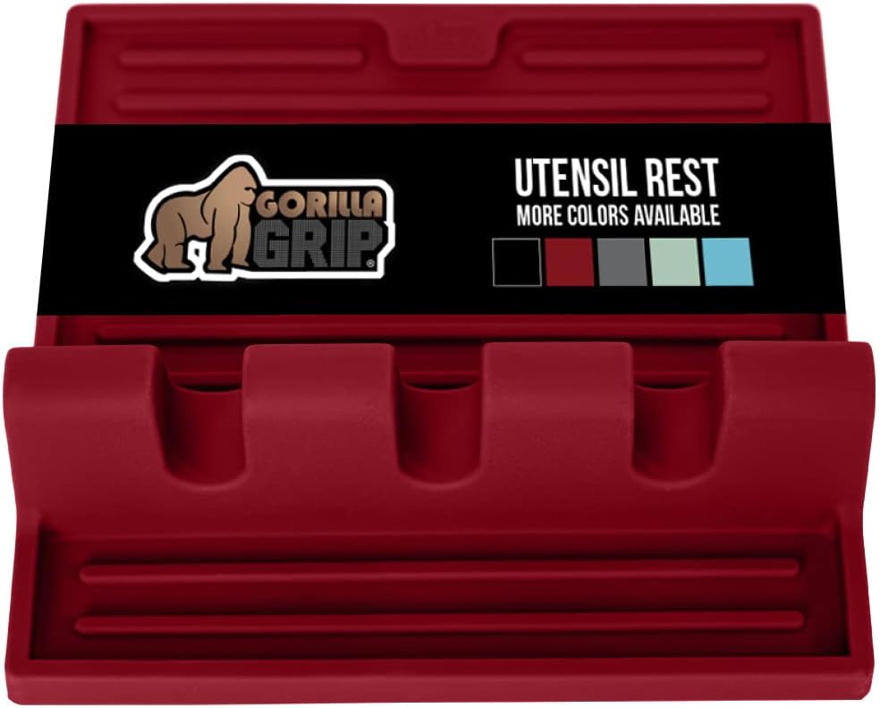 Gorilla Grip Heat and Slip Resistant Silicone Spoon Rest, Patent Pending, Long Drip Pad, Fit Multiple Utensils, Ladles, Prevent Countertop Mess, Kitchen Organizer, Dishwasher Safe, 3 Slot, Red
