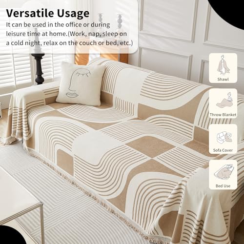 WEYOND Boho Chenille Sofa Überzug & Couch Überwurf, Sofa Cover & Sofa Überwurfdecke, Sofaschoner Hund & Sofaschutz Katze, Sofabezug oder Sofahusse für 1/2/3/4 Sitzer (180 x 300 cm, Khaki)