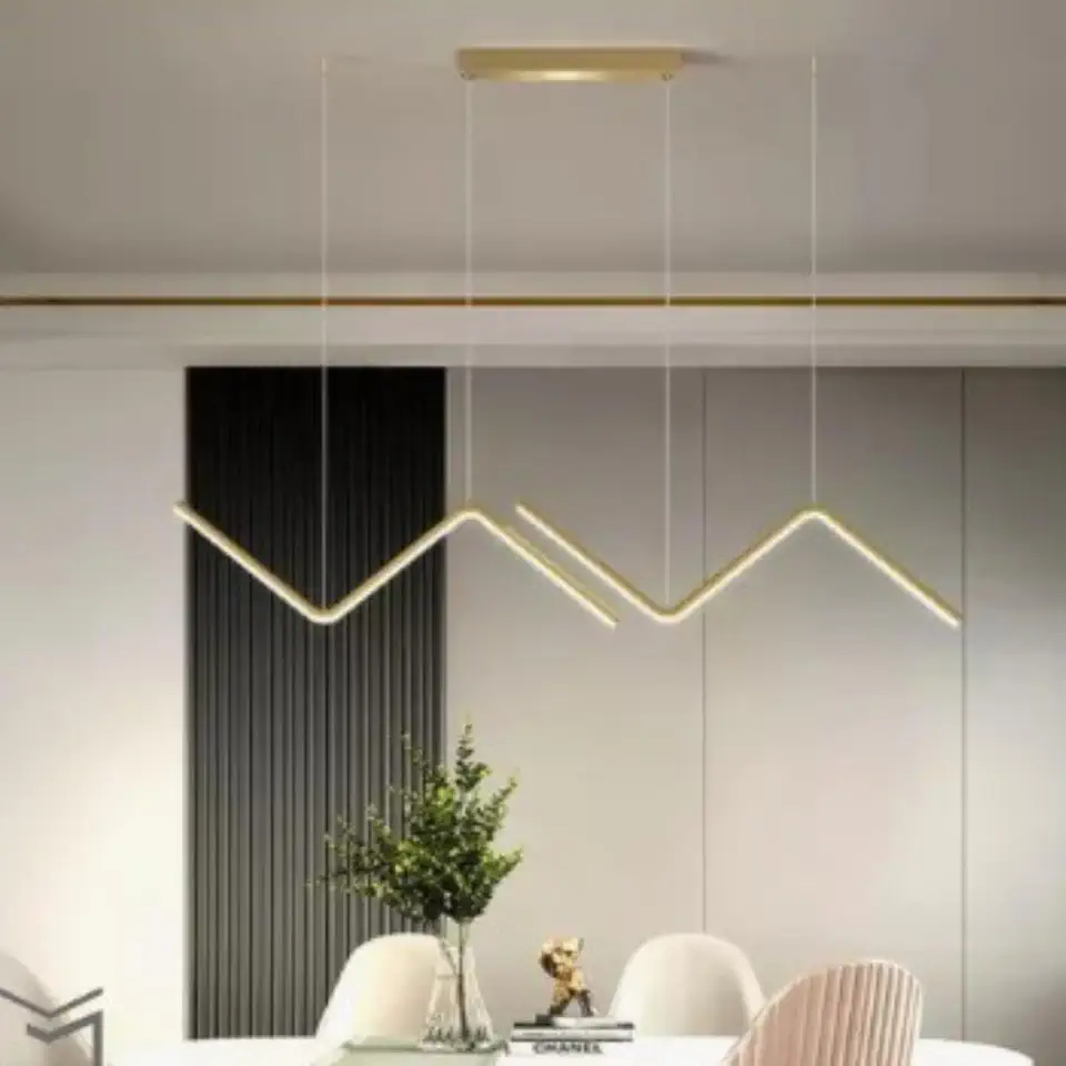 Luminária Pendente Duplo Zig Zag Moderna Dourado com Controle Remoto, 3 Cores de Luz (Fria, Neutra e Quente) Lustre Para Sala de Jantar, Cozinha e Bancada, Design Minimalista, Alumínio, Bivolt