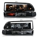 PIT66 LED DRL Headlights Assembly Bumper Turn Signal Light Lamp, Compatible with Chevy Blazer 1998-2005/ Fit Chevy S10 Pickup 1998-2004 with Bumper Lights Smoky Lens Black Housing Clear Reflector