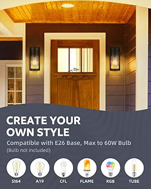 Outdoor Wall Lights, 2 Pack Black Exterior Lighting Fixtures Outdoor Waterproof Wall Mount Lantern with Glass, Modern Outside Wall Sconce for House Porch Garage Doorway, 2254/1W-2PK