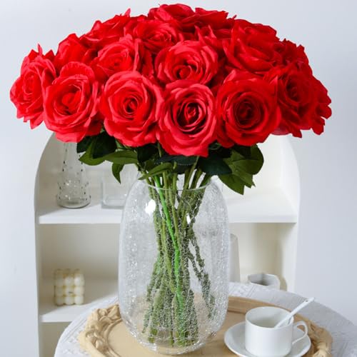 12PCS Artificial Rose Flowers Bouquet Long Stem Fake Rose Flowers Silk Realistic Blossom Rose Plants for Home Garden Wedding Office Decoration (Red) image 8