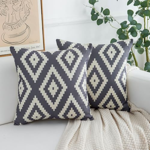 Funda de Cojín Gris Boho Fundas Cojines 40x40 cm Lino Fundas de Almohada para Cojines Geometría Abstracta otoño Decorativos para Sofá Cama Coche Hogar Sala de Estar Dormitorio Oficina, Juego de 2
