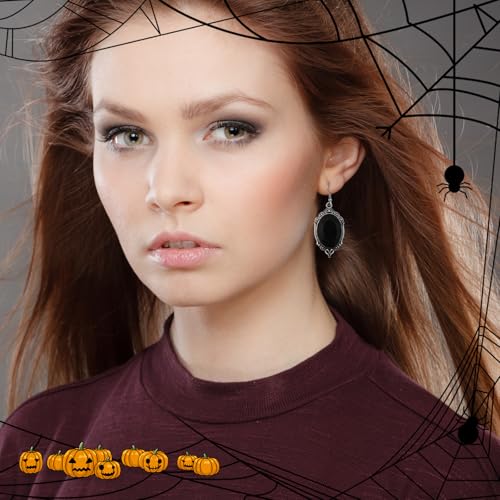 Gothic Black Vintage Crystal Dangle Earrings: Halloween Punk Rose Bat Cat-themed Cameo Drop Earrings3