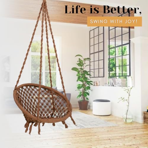 Image of Swingzy Cotton Netted Rope Hanging Swing Chair for Adults & Kids /Swing for Balcony /Outdoor Swing Chair /Hammock Swing for Home /Balcony Hanging Chair (120 Kg Capacity, Brown, with Accessories)