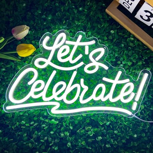 Image of Let's Celebrate Neon Sign, Dimmable LED White Letter Neon Light Signs, Lets Celebrate Neon Signs for Wall Decor, Lets Party Neon Sign Cheers Words Neon Signs Graduation Party Celebration Wedding Bar