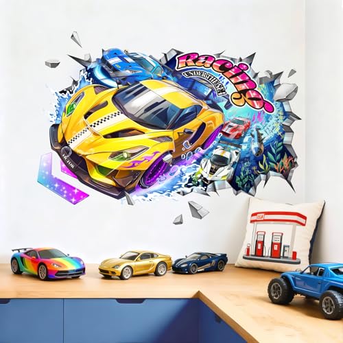 Tanlaby Grandes Stickers Muraux 3D Voitures de Course Autocollant Mural Véhicules Trophées Vinyle Amovible Art Mural pour Chambre de Garçons Enfants Salle...