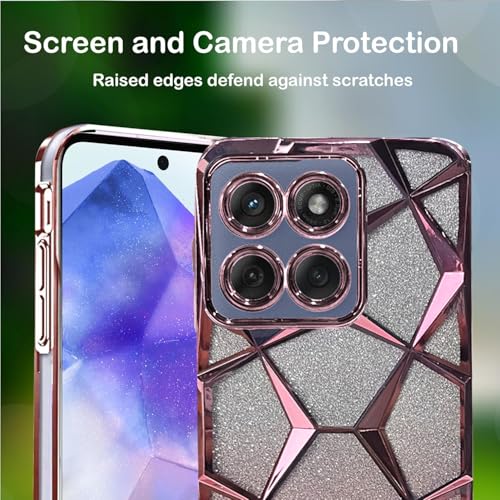 Image of VONZEE Gradient Glitter Case for Moto Edge 60 Fusion, Luxury Electroplated 3D Cube, Diamond Bling Shiny Soft TPU Clear Shockproof Women Girls Protective Phone Cover (Rose Gold)