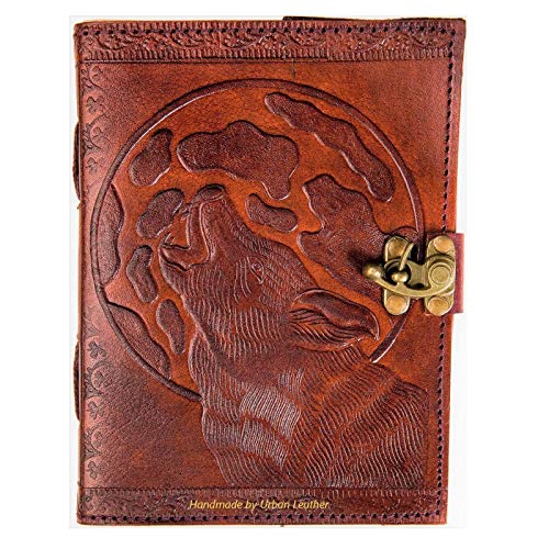 Urban Leather Journal - Howling Wolf and The Moon Journal Embossed For Drawing Sketchbook Scrapbook Writing Notebook Daily Diary 5 x 7 pouces Non ligné Cover