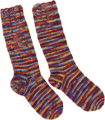 GURU SHOP Handgestrickte Schafwollsocken, Haussocken, Nepal Socken - Regenbogenfarben, Herren/Damen, Size:M (37-39)