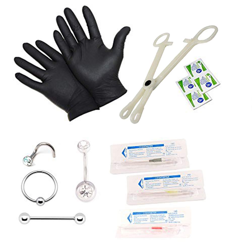 LionGothic BodyJewelryOnline Unisex Body Piercing Kit, Curved Barbells, Gauge Jewelry, Catheter Hollow Needles, Hypoallergenic Supplies, 16G, 16G, 18G, Pack of 13