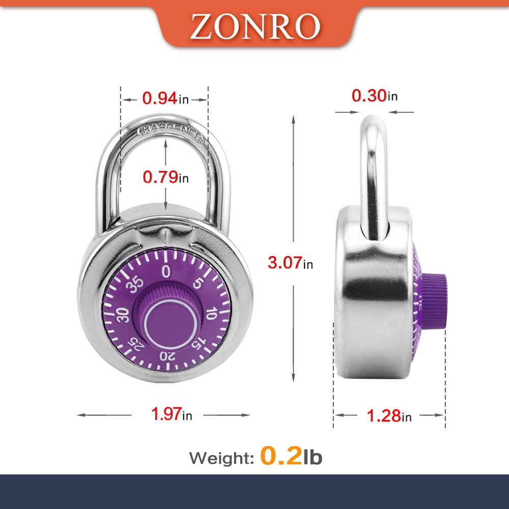 ZonRo Standard-Zahlenschloss, 5,1 cm breit, 3-stelliger Code, lila, Drehplatte, 24 Stück mit verschiedenen Kombinationen, Schloss für Schule, Mitarbeiter, Koffer, Werkzeugkasten, Fitnessstudio