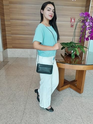 Bolsa Feminina Transversal Pequena Couro Legítimo Ziper Madamix (Preta)