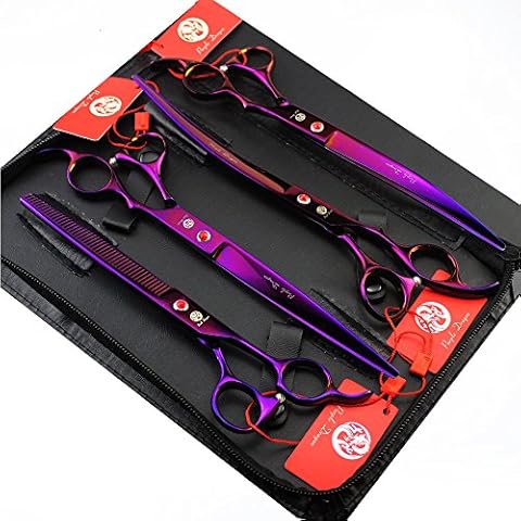 Purple Dragon 8.0 inch Professional Pet Grooming Scissors,Dog Straight Shear, Thinning/Blending Scissor & 2 PCS Curved Shear with Bag (Purple) Cover