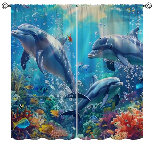 ONINUO Ocean Blackout Curtains for Girls Boy Home Decor, DolphinTropical Fish Underwater Animals Rod Pocket Thermal Insulated Drapes Darkening Window Curtain for Bedroom Living Room, 63 x 63 Inch