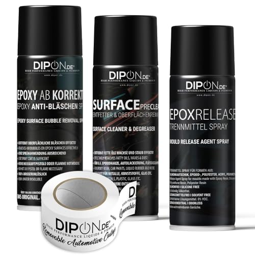 DIPON Epoxy Essentials Anti Bläschen, Trennmittel und Entfetter Reiniger Spray (3 x 400ml) + Formentrennband 66m x 5,5 cm Set - Grundausstattung für Werkstätten Resin Art und River Table Arbeiten.