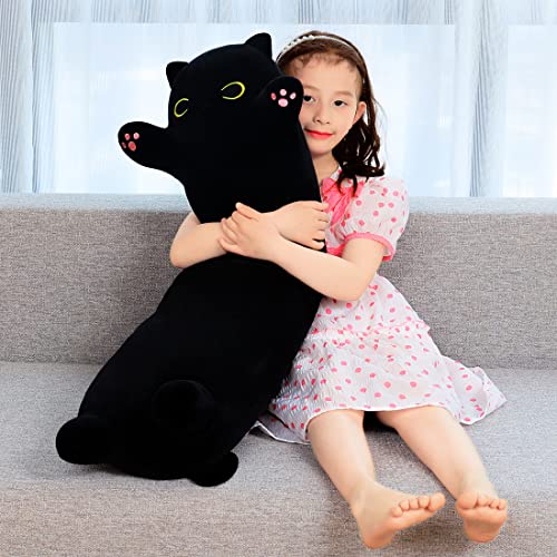 Image of Tickles Cute Cat Hugging Soft Plush Sleeping Throw Animal Bolster Pillow for Kids Boys & Girls (Color: Black Size: 70 cm)