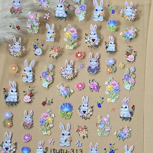 Image of Rabbit Nail Stickers for Nail Art Flower Nails Decals 5D Embossed with Design Self Adhesive Nails Charms for Women Cute DIY Decoration Accessories Supplies