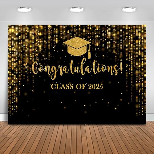 Mocsicka Class of 2025 Backdrop Black Gold Glitter Bokeh Graduation Party Background 2025 Congrats Grad Prom Party Cake Table Decoration Photo Booth Props (8x6ft)