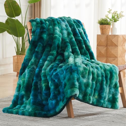 NEWCOSPLAY Faux Fur Bubble Throw Blanket for Couch, Tie-Dye Teal, 50"x60"