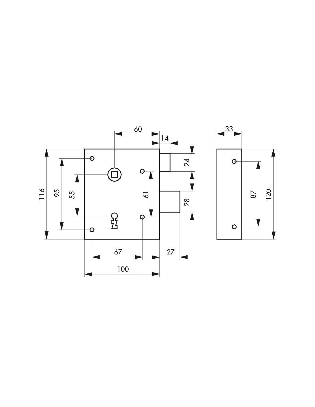 THIRARD - Serratura Applicare Alsace a Chiave a Bocchetta per Porta Interna - Destra Tirante - Quadro 8 mm - Asse 60 mm - 110 x 70 mm - Giallo/Dorato - 2 Chiavi Incluse