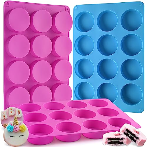 Image of Sakolla 3 Pcs Round Chocolate Cookie Molds, 12-Cavity Cylinder Silicone Molds for Chocolate, Cake, Candy, Pudding, Mini Soap (2 Rose Red+1 Blue)