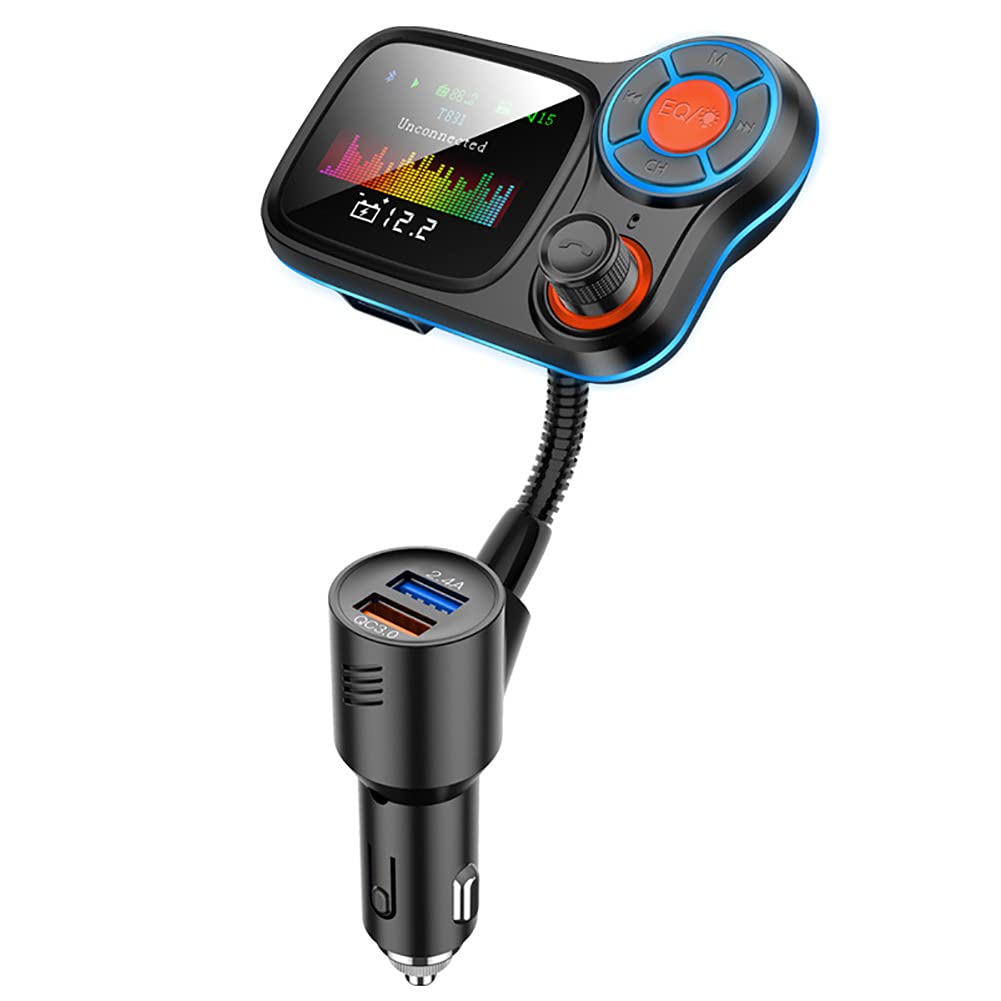 Bluetooth FM Transmitter for Car, Wireless Bluetooth Radio Car Adapter Receiver with 1.77 Inch Display, QC3.0 and Smart 2.4A Dual USB Ports AUX Input/Output