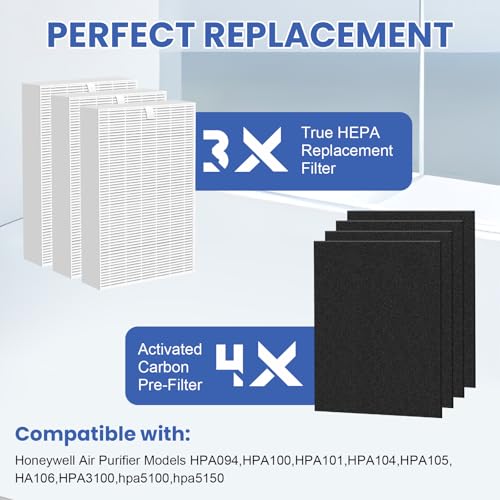 Image of HPA100 Replacement Filter Compatible with Honeywell HPA100 /200 Air Purifier | 3 HEPA Filters and 4 Carbon Pre-Filters, True HEPA High-Efficiency Activated Carbon Filter for PET Home Large Room