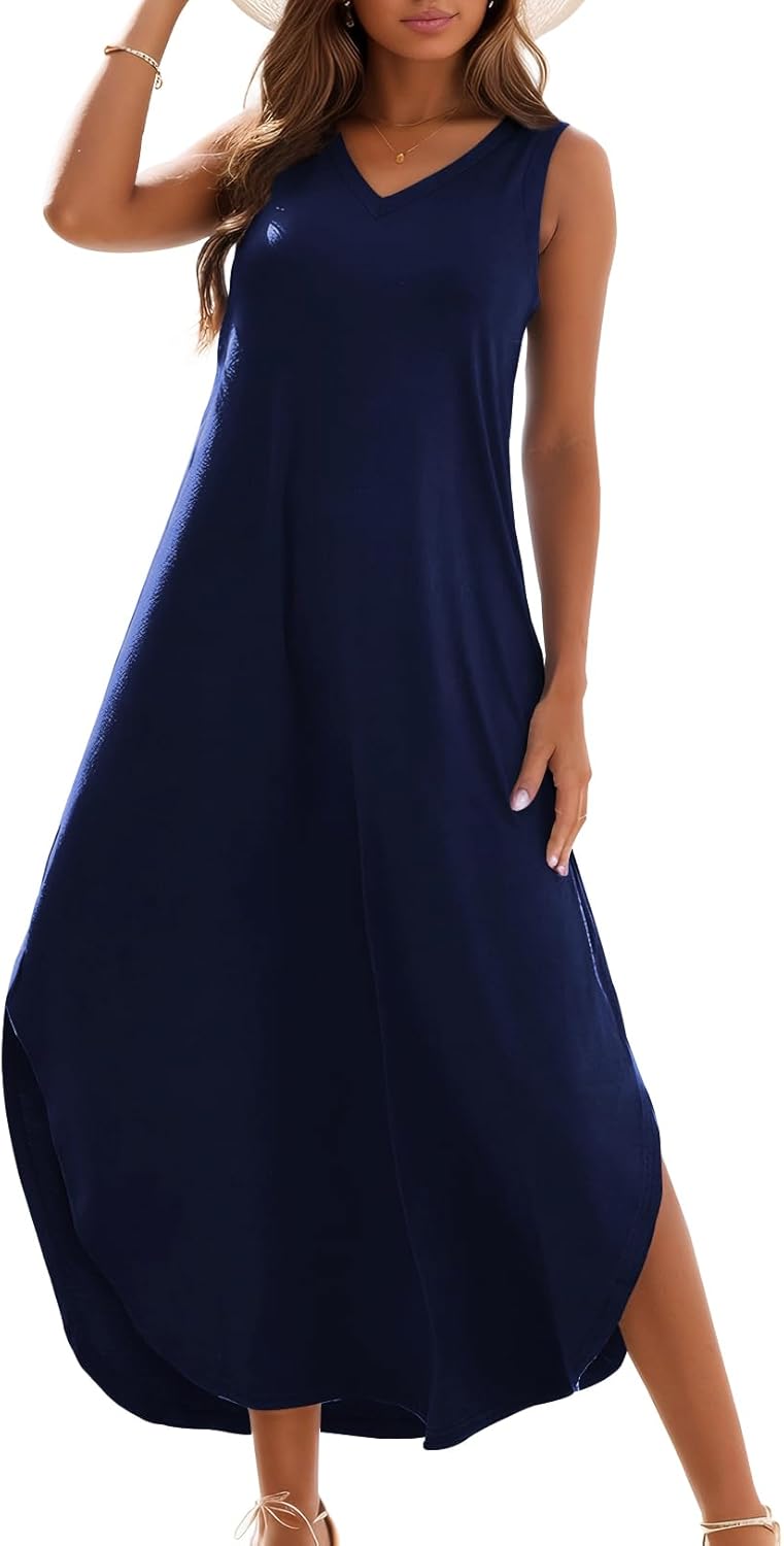 Zilcremo Women's Summer Casual Loose Sundress Long Dress Sleeveless V Neck Split Tshirt Maxi Dresses