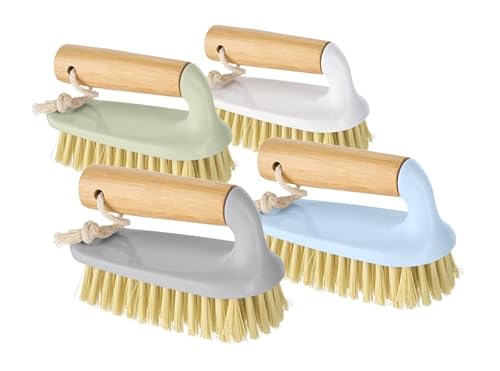 Scrubbing Brush with Bamboo Handle Heavy Duty Stiff Bristles for Cleaning Floors Carpets Bathroom and Kitchen Dishes - Assorted Colours - Pack of 1