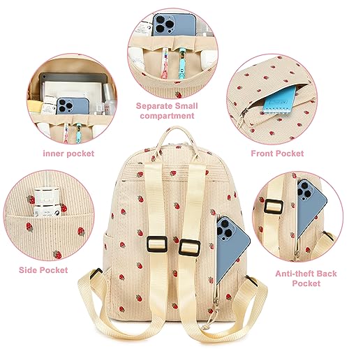 Bluboon Girls Mini Backpack Womens Small Backpack Purse Teens Cute Casual School Bookbag(Corduroy Strawberry) - Image 6