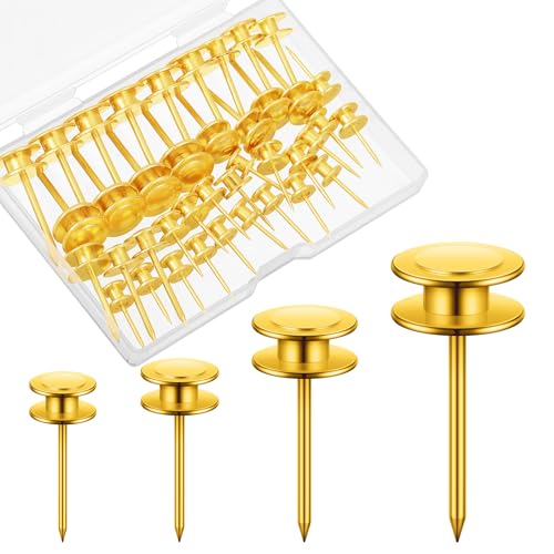 Image of Ferraycle 40 Piece Double Headed Picture Hangers Nails 4 Size Thumb Tacks for Wall Hanging Renter Friendly Decor Heavy Duty Push Pins Wall Nails for Drywall Frame Art, 10 /20 / 30 / 50lb(Gold)