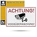 Aufkleber Set "Achtung! Videoüberwachung!", 2 Stück, 15 x 10 cm, selbstklebende Folie, Sticker zum Kleben für Innen- und Außenbereich, Video Überwachung Hinweisfolie, Kamera Video Warnhinweis Schild
