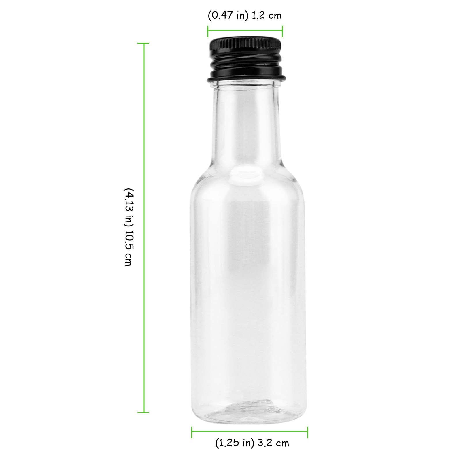 JEUIHAU Paquete de 70 botellas de alcohol de 50 ml con tapa de aluminio negro, botellas de plástico en miniatura para agua, jugo, vino, bebidas y salsa