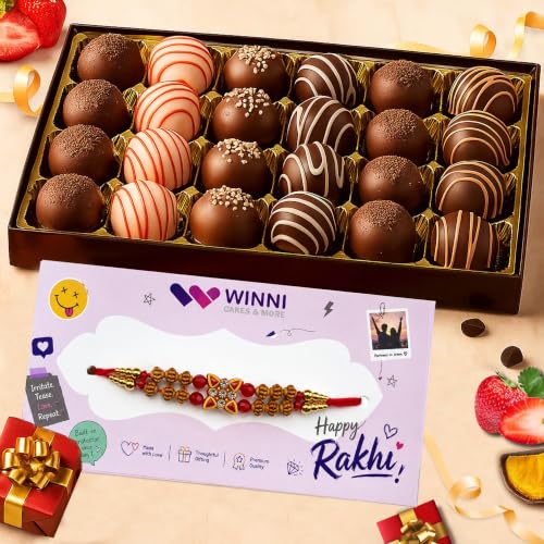 Image of WINNI - Premium 24 Pcs Truffle Chocolate + Rakhi Pack | Rakhi Gift For Brother & Sister | Belgian Dark Chocolate Gift Pack | Festival Chocolate Gift Hamper | Rakhi Gift For Girls, Boys, Brother, Sister, Kids, Bhaiya, Bhabhi | Rakhi Gift Set | Raksha Bandhan Celebration Gift | Chocolates Bouquet | Return Gift Box