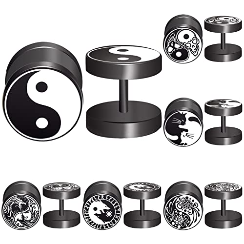 FLYUN 6Pairs Black Surgical Steel Yin Yang Fake Gauge Fake Earrings for Men Women 10MM Flatback Earrings 18G Screw Stud Earring Faux Ear Plugs Steel Cheater Illusion Tunnel (Yin Yang-Marking)