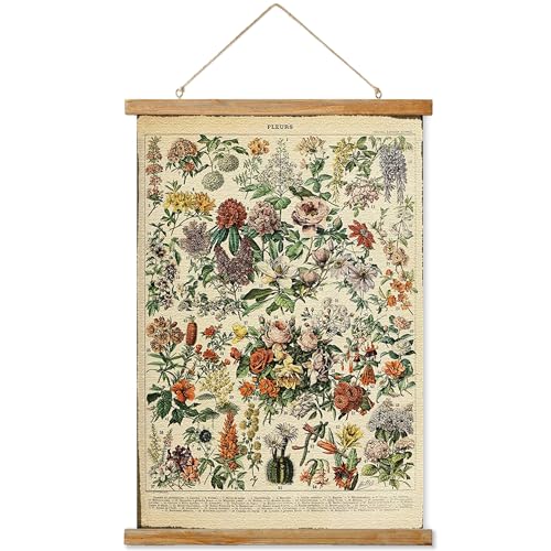 Vintage Flower Poster Hanger Frame, Retro Style Wall Art Prints, Printed on Linen with Natural Wooden Frames, Wall Hanging Decor